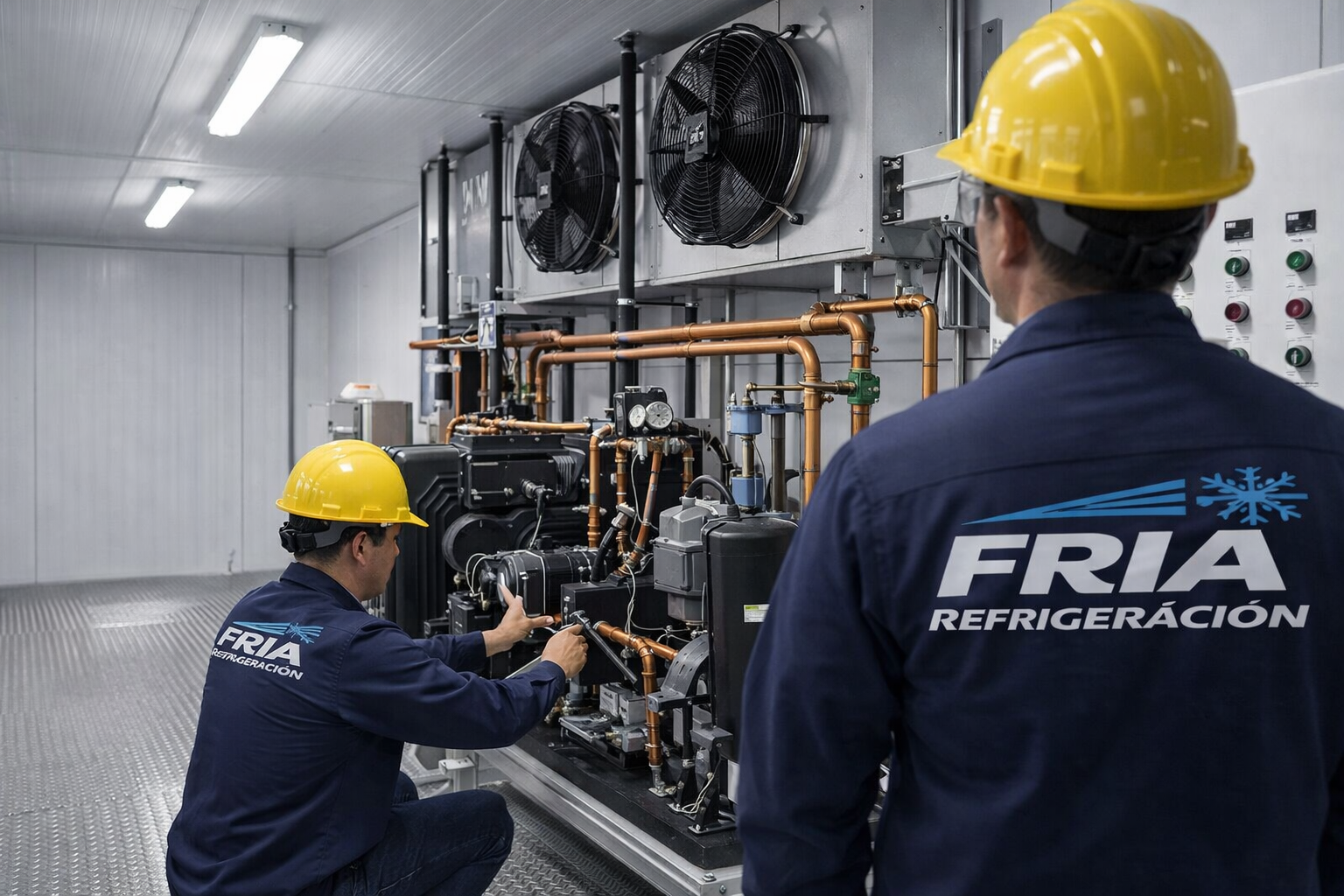 Técnicos trabajando en sistemas de refrigeración industrial FRIA