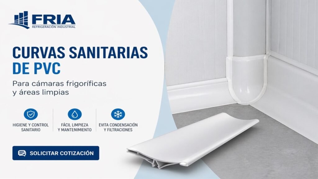 Curva sanitaria de PVC instalada en cámara frigorífica para mejorar la higiene y facilitar la limpieza