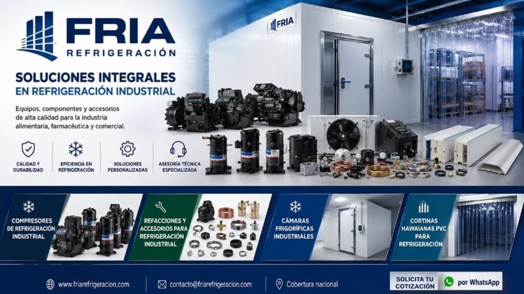 Equipos de refrigeración industrial: cámaras, compresores y accesorios en México Cámara de refrigeración industrial en México equipada con compresores, cortina de PVC hawaiana y refacciones para sistemas comerciales