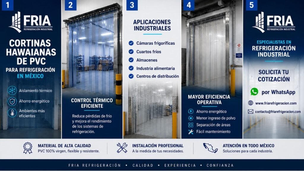 Cortinas hawaianas de PVC para cámaras frigoríficas y cuartos fríos en México, solución para control térmico y ahorro energético.