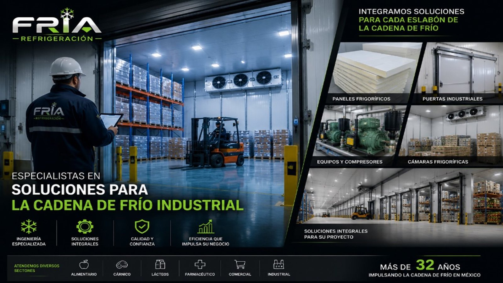 FRIA Refrigeración, especialistas en soluciones para la cadena de frío industrial, integrando cámaras frigoríficas, paneles, puertas y equipos de refrigeración para empresas en México.