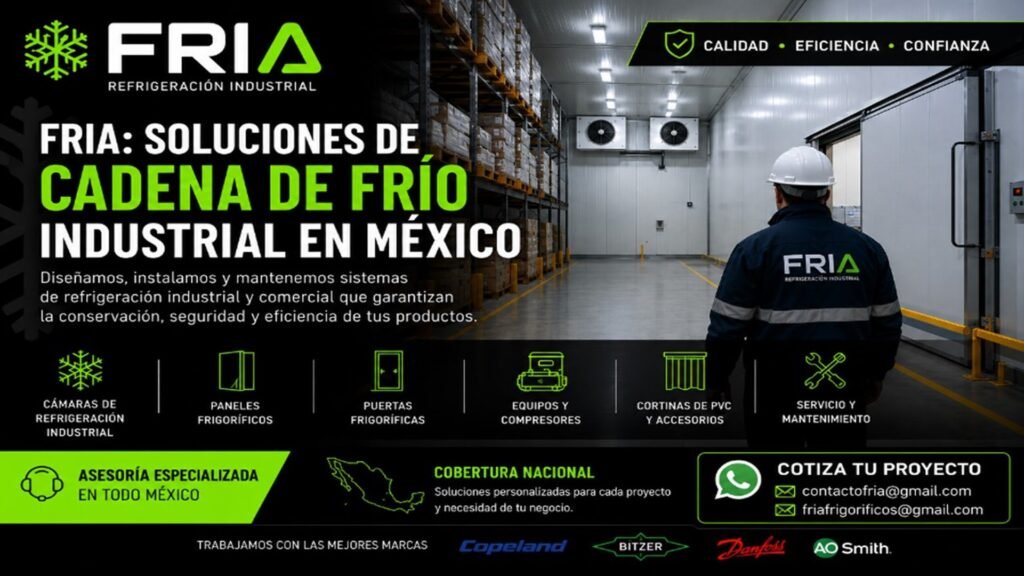 FRIA Refrigeración Industrial. Soluciones de cadena de frío industrial en México con diseño, instalación y mantenimiento de cámaras frigoríficas y sistemas de refrigeración.