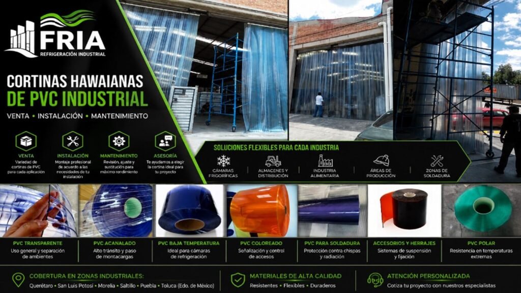 Cortinas hawaianas de PVC para refrigeración industrial, venta, servicio e instalación FRIA