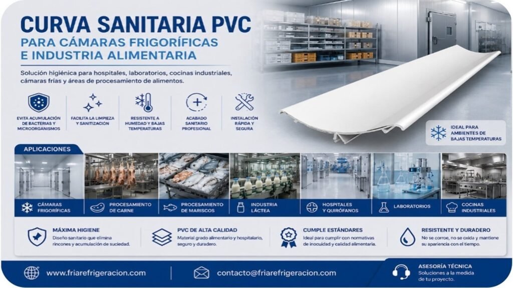Curva sanitaria PVC instalada en cámara frigorífica industrial para la industria alimentaria, solución higiénica de FRIA Refrigeración.