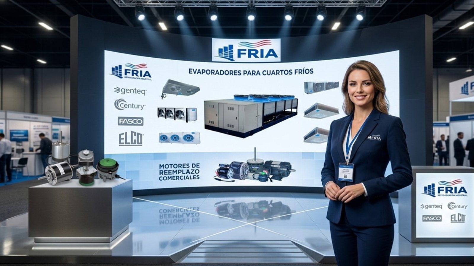 Presentadora europea en stand de FRIA mostrando motores para evaporadores y condensadores para cámaras de refrigeración industrial.