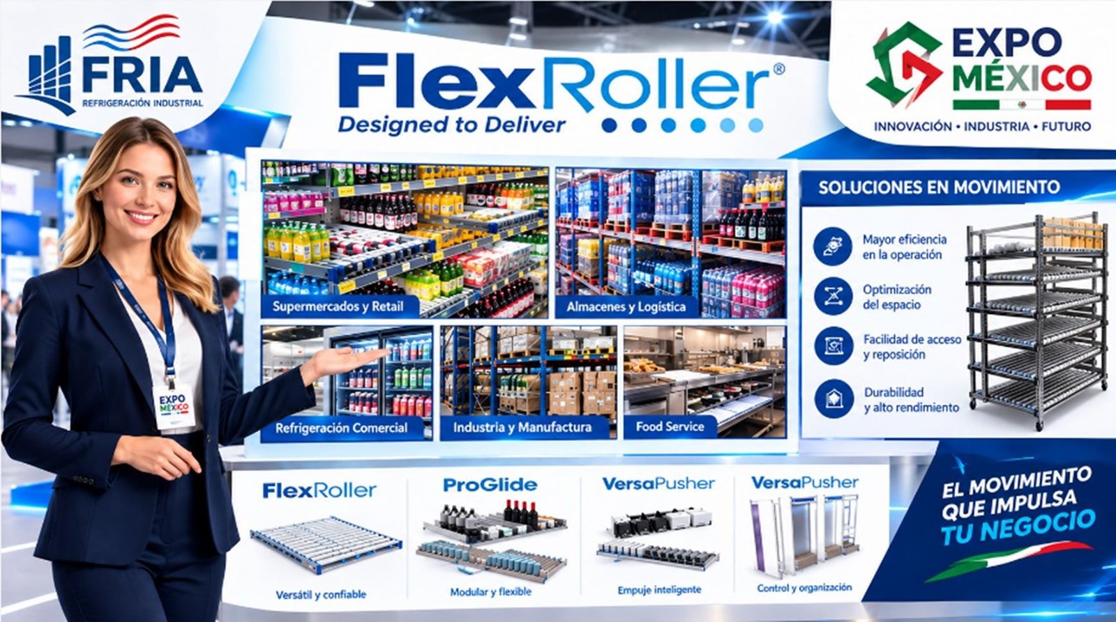 FlexRoller para exhibición y movimiento de productos en refrigeración comercial y retail