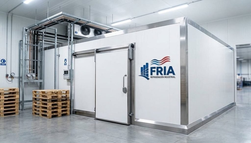 Paneles frigoríficos para cámaras industriales con aislamiento térmico y puerta corrediza hermética.