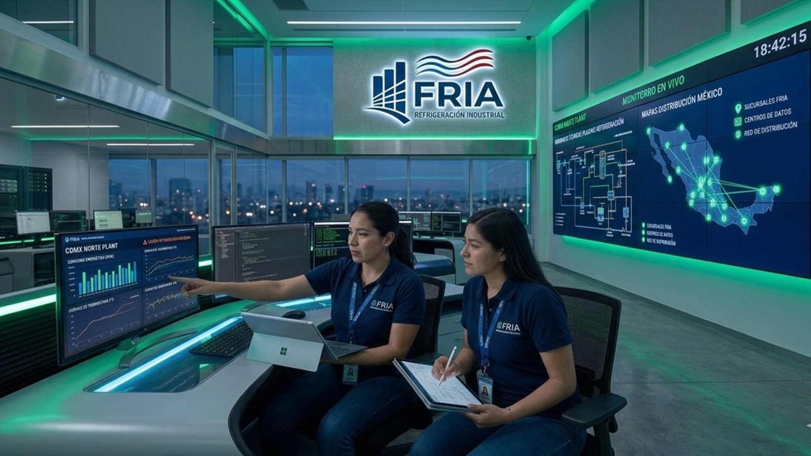 Centro de monitoreo digital de FRIA para la supervisión y control térmico de sistemas de refrigeración industrial en México.