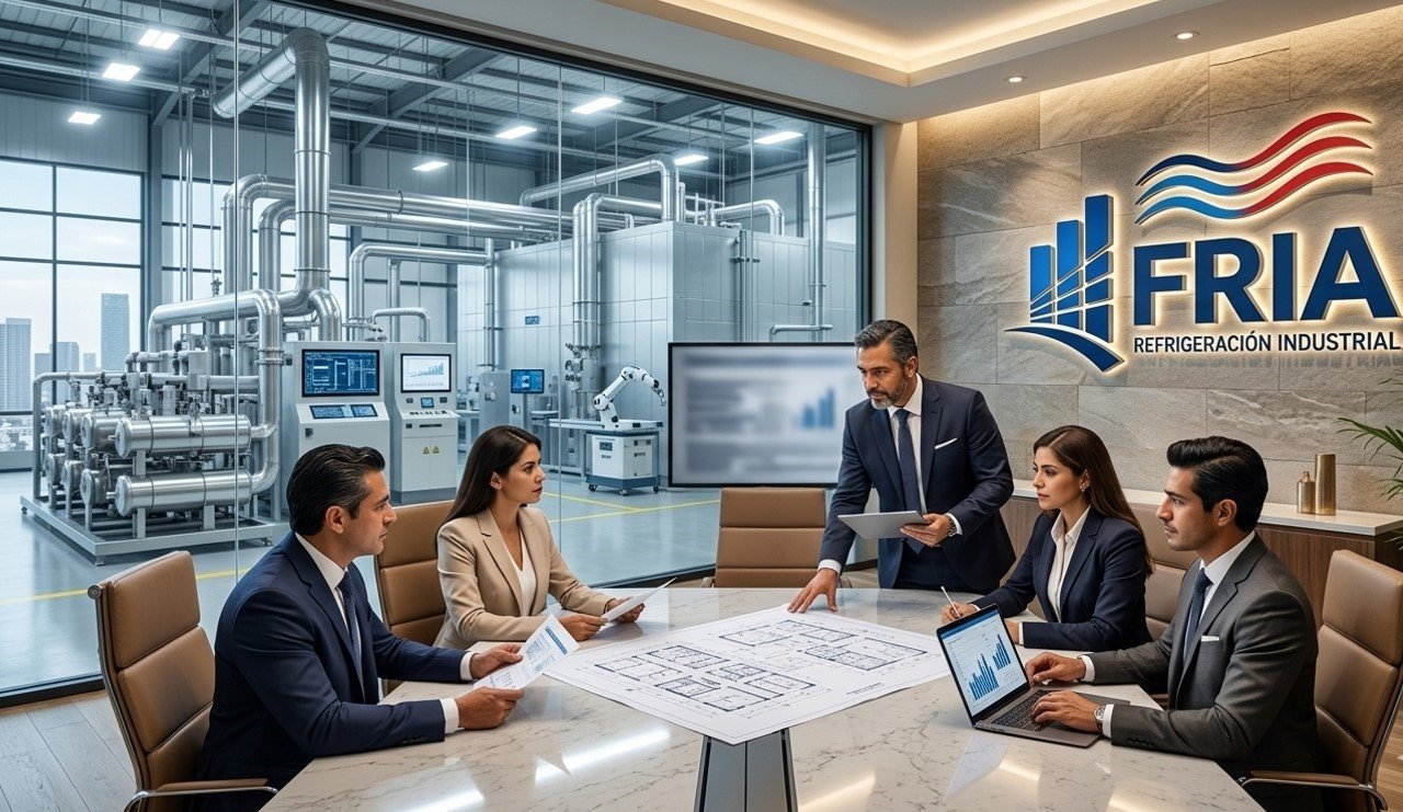 Equipo de FRIA Refrigeración Industrial en la recepción de la oficina durante una bienvenida profesional.
