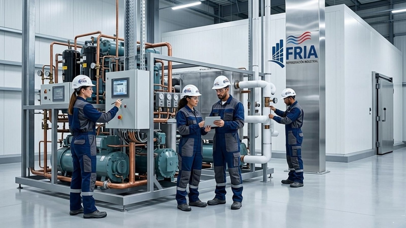Servicio técnico de FRIA en el mantenimiento de sistemas de refrigeración industrial y racks de compresión.