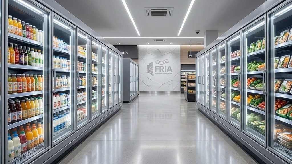 Exhibidores reach-in y sistemas de refrigeración comercial con puertas de cristal para supermercados.