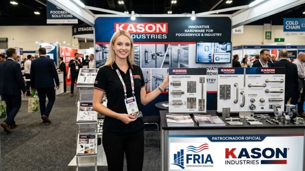 Stand de Kason Industries y FRIA Refrigeración en Exposición Industrial stand de Kason Industries durante una exposición industrial, mostrando un exhibidor de herrajes, bisagras y jaladeras comerciales. En la parte inferior del mostrador y en la pantalla del fondo se destaca el logotipo de FRIA Refrigeración como socio de integración.